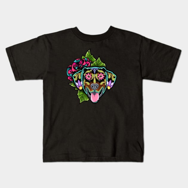 Doberman - Floppy Ear Edition - Day of the Dead Sugar Skull Dog Kids T-Shirt by prettyinink